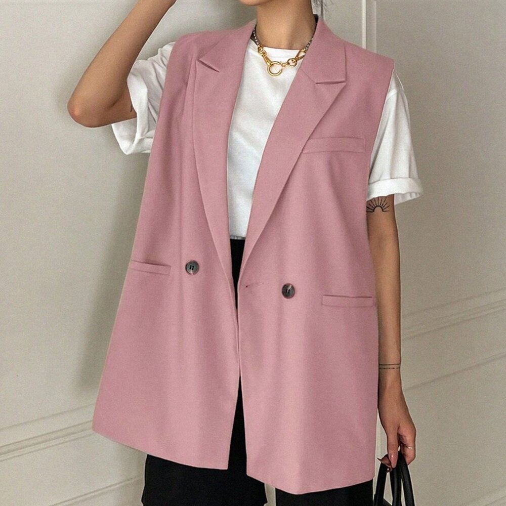 Pink Casual Women's Suit Collar Sleeveless Double-Breasted Vest - Picture 5 of 5